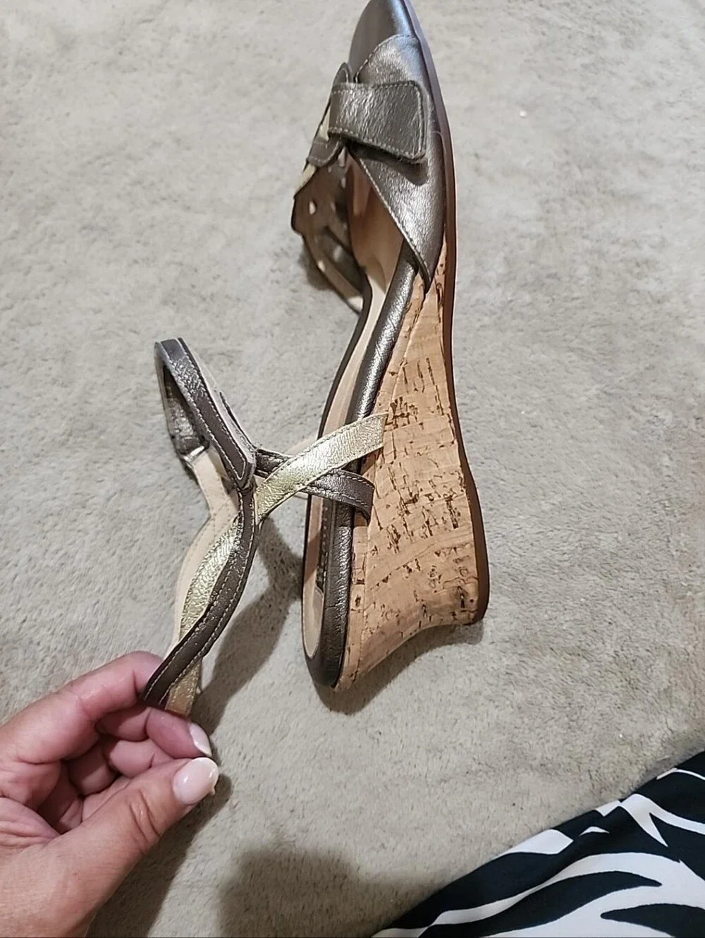 New Condition Metallic Braided Cork Wedge Sandals - Bronze/Taupe